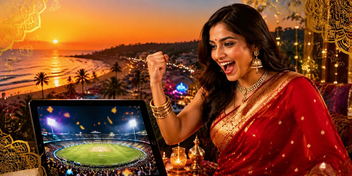 Elegant Indian woman enjoying betting on mobile at Goa beach